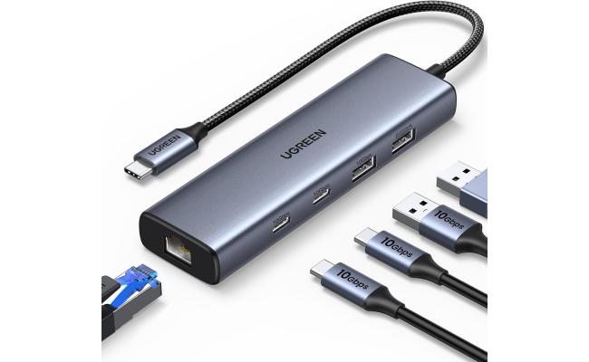 UGREEN 6-in-1 Hub USB C to Ethernet Adapter, 10Gbps Data Port USB-C, Ethernet with 2*USB-C 3.2, USB-A 3.2/2.0, Gigabit RJ45, Power Port (Only for Adapter), Type C to Network Dongle for Laptop, MacBook, XPS